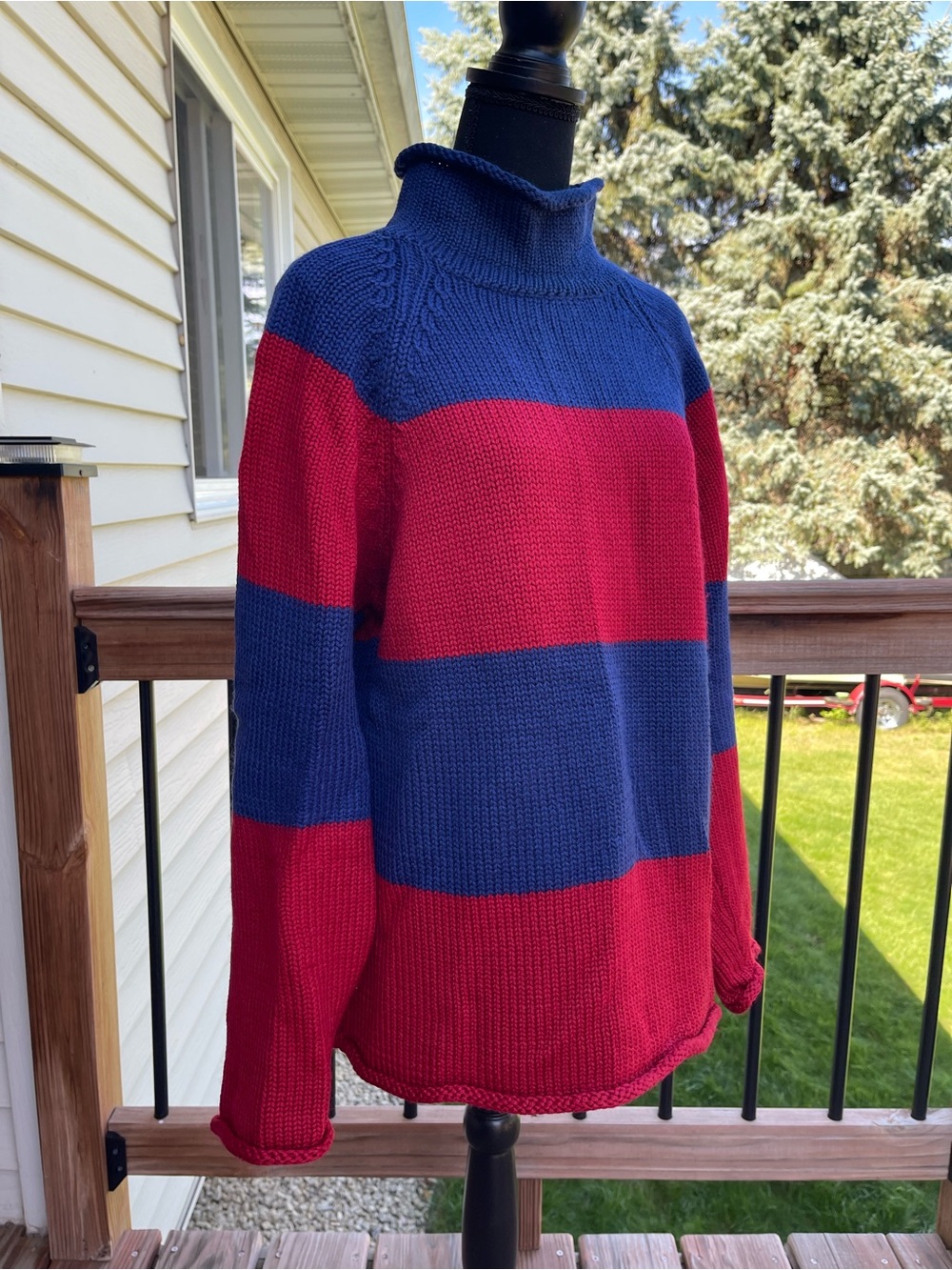Vtg 90s J. Crew Red Blue Striped Roll Neck Sweater 100% Wool Lightweight Mens L - Picture 2 of 10